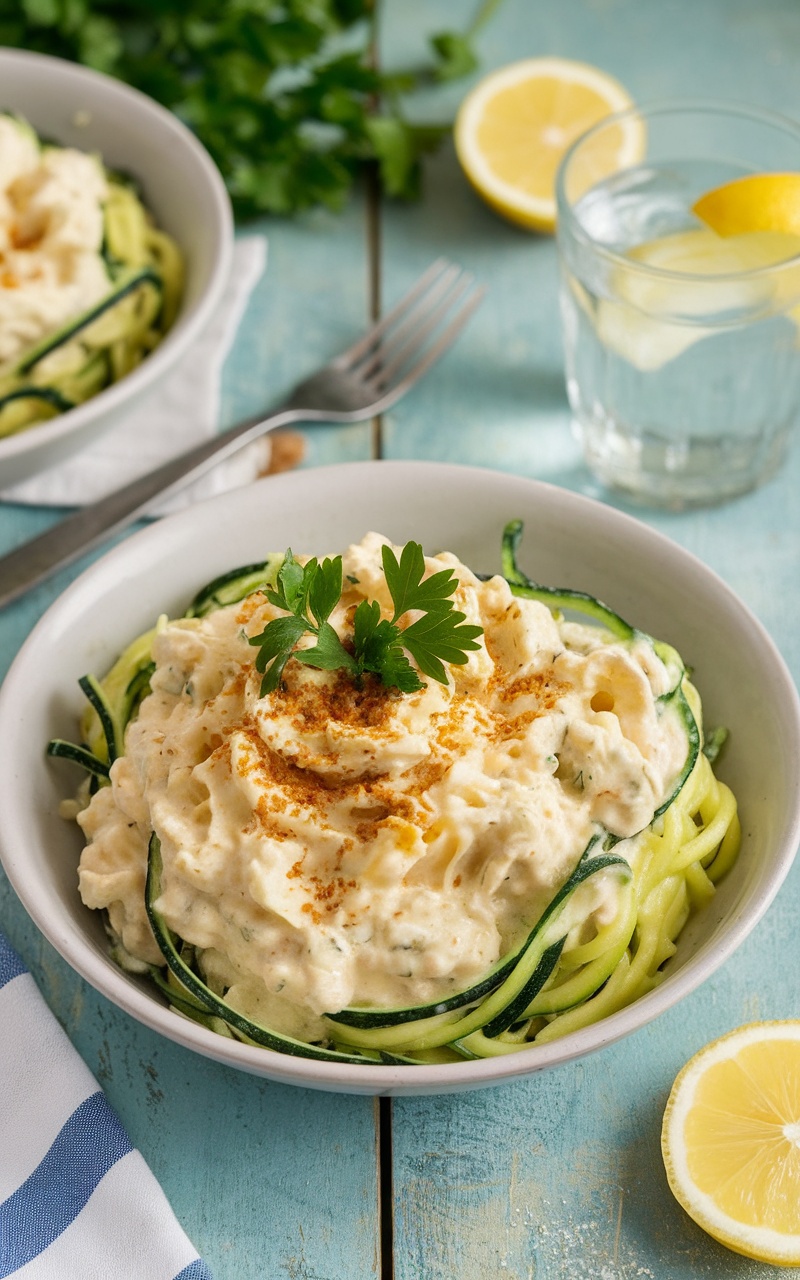 Creamy cauliflower Alfredo over zucchini noodles, garnished with parsley and nutritional yeast, on a rustic wooden table.